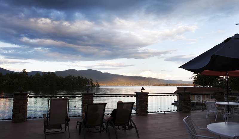 Deck overlooking lake George during dusk